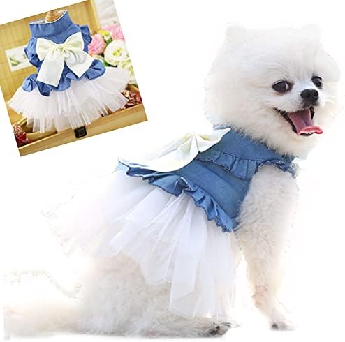 ANİAC Köpek Denim Elbise ile Sevimli Yay-Düğüm Köpek Doğum Günü Prenses Etek Pet Giyim Beyaz Dantel Tutu Kıyafet için