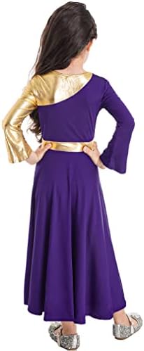 FEESHOW Kızlar Metalik Çapraz Liturjik Övgü Dans Elbise Lirik Giyim Renk Blok Tam Boy Elbise Ibadet