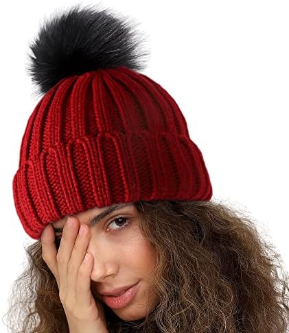 SHİNCHİC Bayan Kış Saten Astarlı Bere Şapka Kaflı Faux Kürk Pom Şapka Örme Sıcak Yumuşak Kafatası Kap