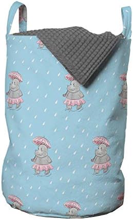 Ambesonne Hippo Çamaşır Torbası, Yağmurlu Bir Günde Şemsiyeyle Yürüyen Hippo Kız Desenli, Kulplu Sepet Çamaşırhaneler