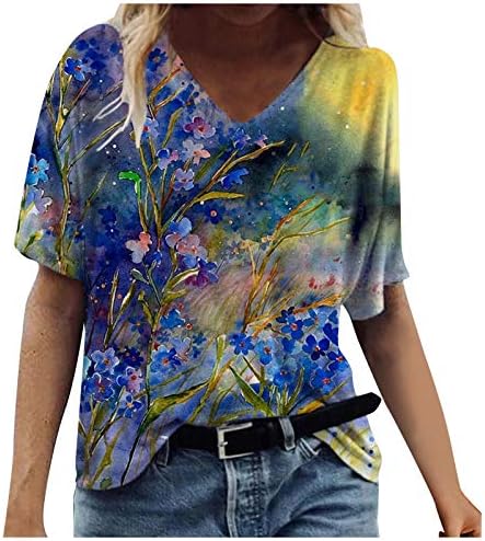 Bayan Yaz V Boyun T Shirt Kısa Kollu Gömlek Sevimli Baskılı Tişörtleri Bluz Casual Tops Gevşek Fit Grafik Tees