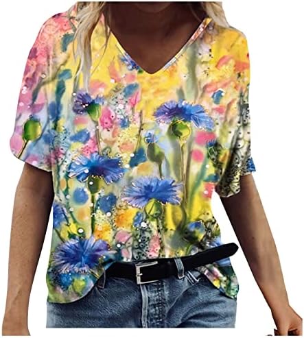 Bayan Yaz V Boyun T Shirt Kısa Kollu Gömlek Sevimli Baskılı Tişörtleri Bluz Casual Tops Gevşek Fit Grafik Tees