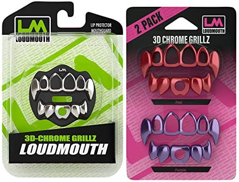 Loudmouth Futbol 3D Siyah ve Gümüş Krom Grillz ağız koruyucusu ve Loudmouth 3D Mor ve Kırmızı Krom Grillz Blister